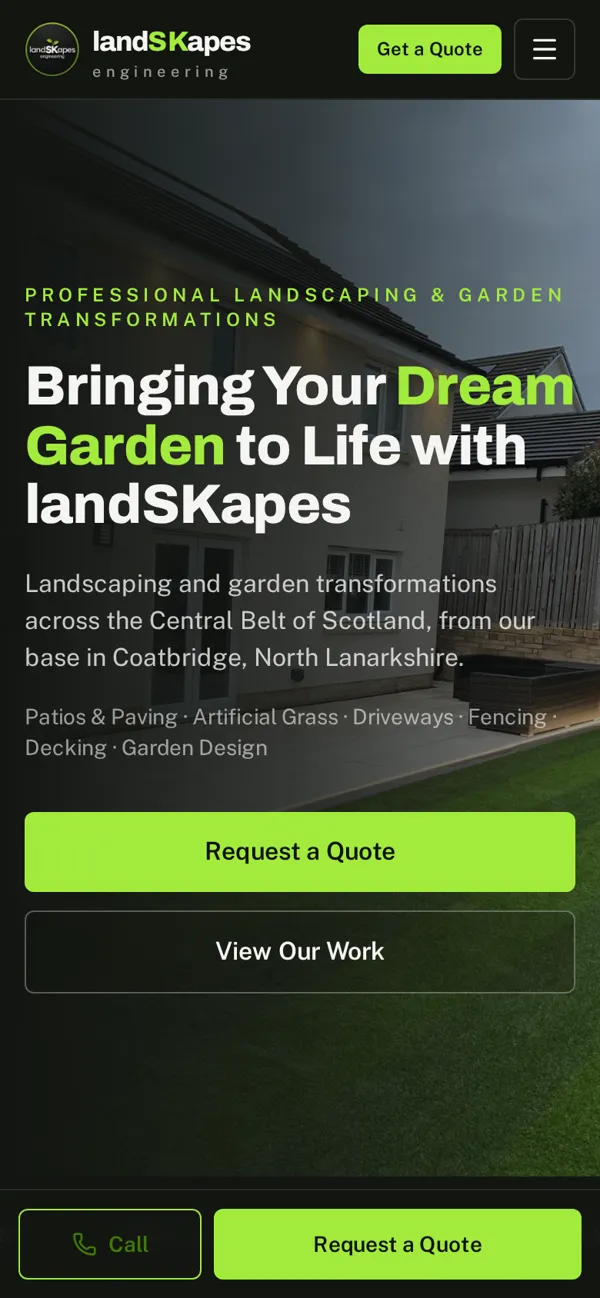 The landSKapes engineering website shown on a mobile phone