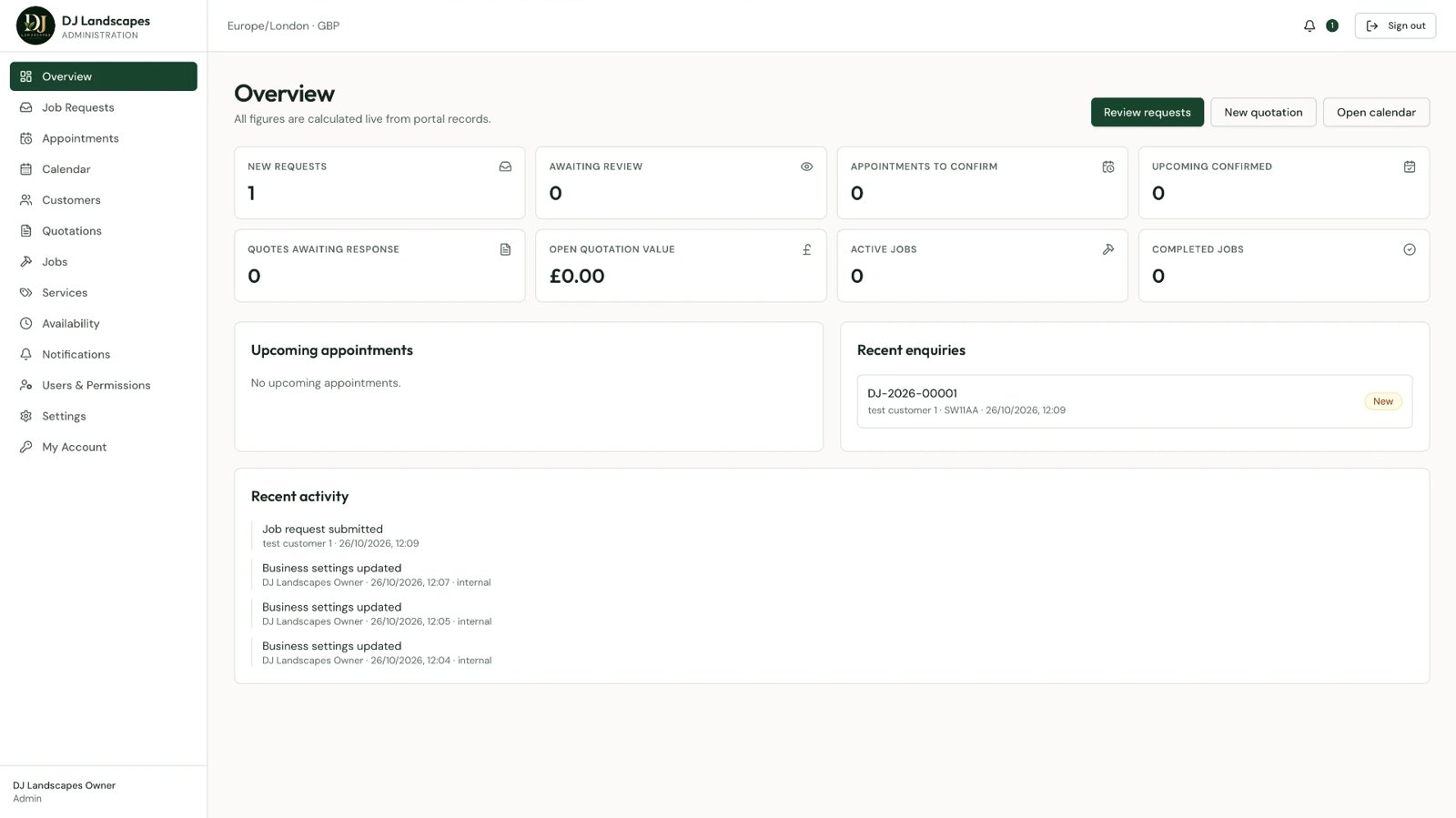 DJ Landscapes management dashboard overview