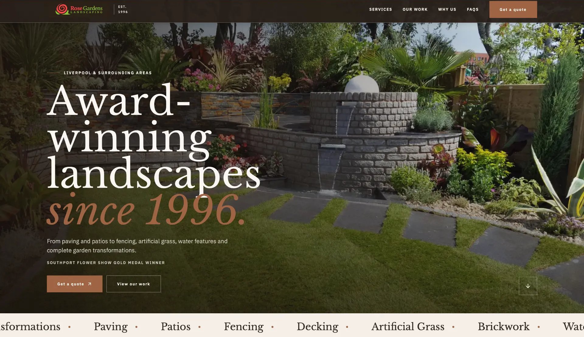 The Rose Gardens Landscaping website shown in a desktop browser