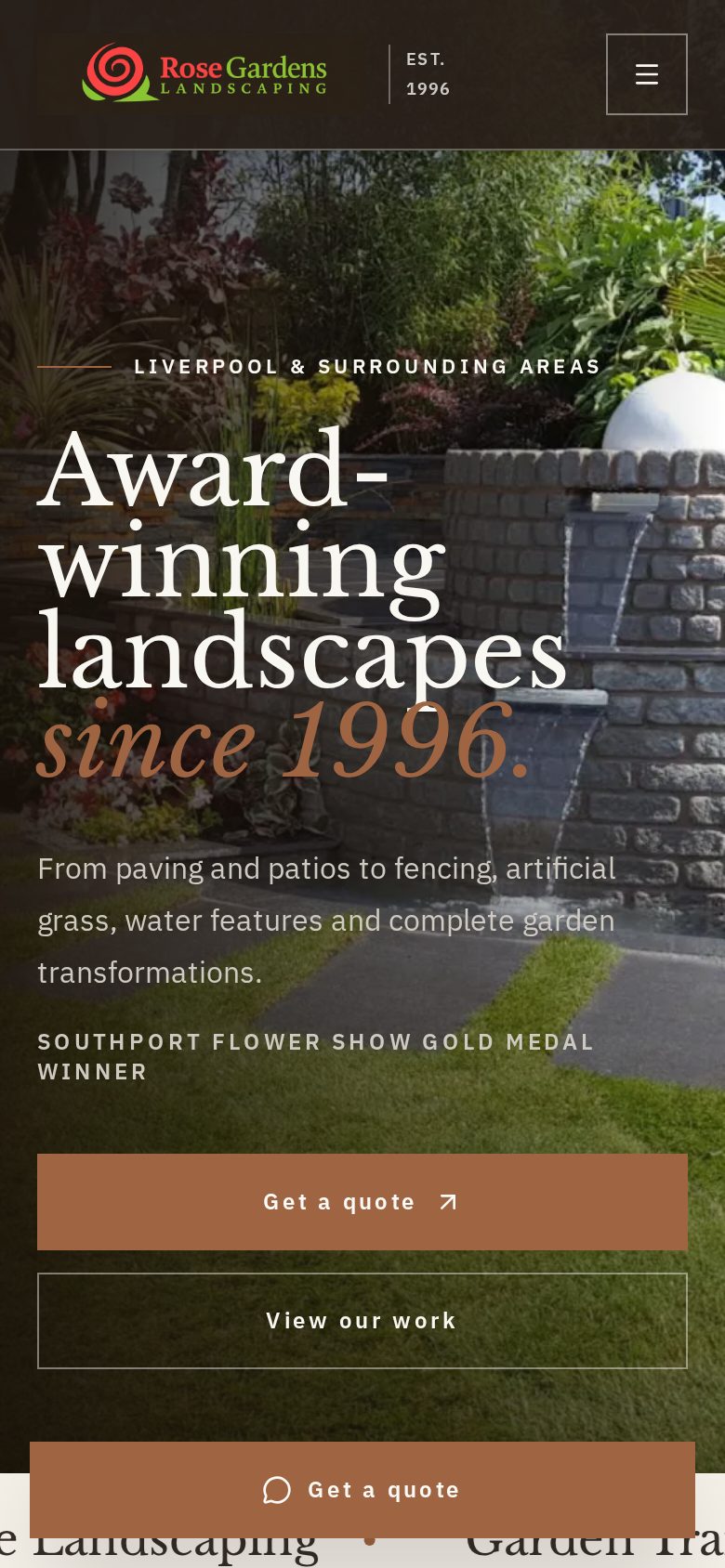 The Rose Gardens Landscaping website shown on a mobile phone