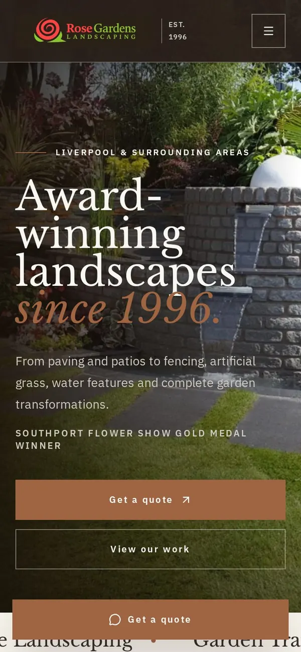 Screenshot of the Rose Gardens Landscaping website on a mobile phone